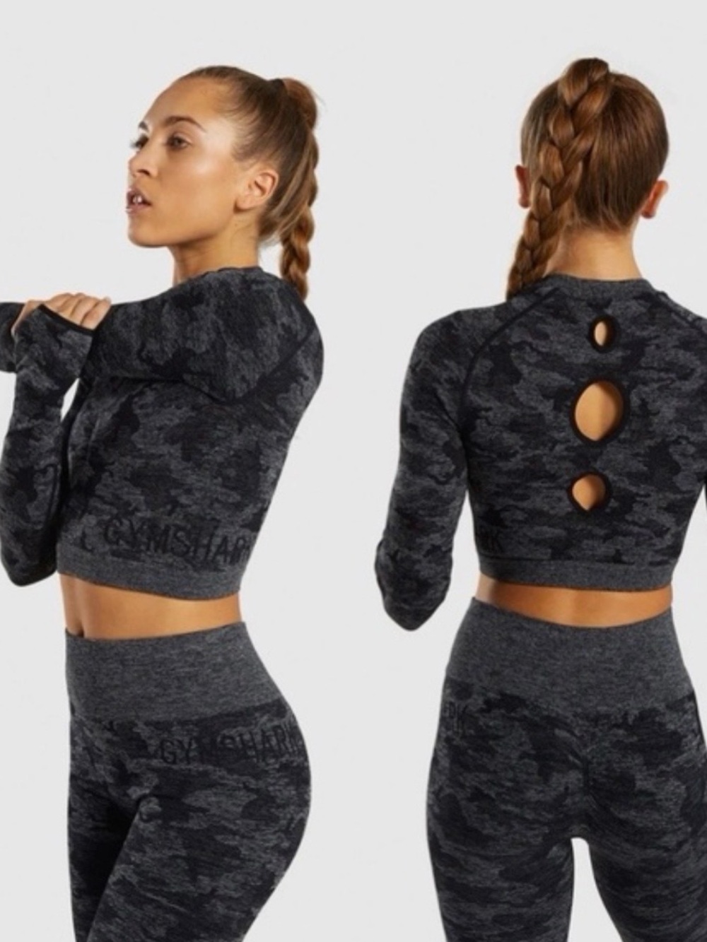 Gymshark Charcoal Camo Cropped Long-Sleeve Top